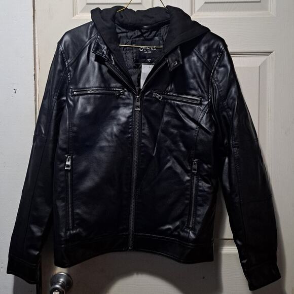 Men's Faux Leather Motorcycle Jacket With Detachable Hood Black Size Large - Picture 5 of 14